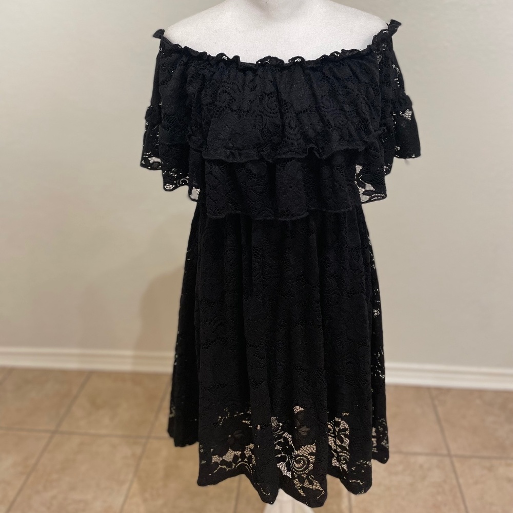 Black Lace Ruffle Off Shoulder Sundress